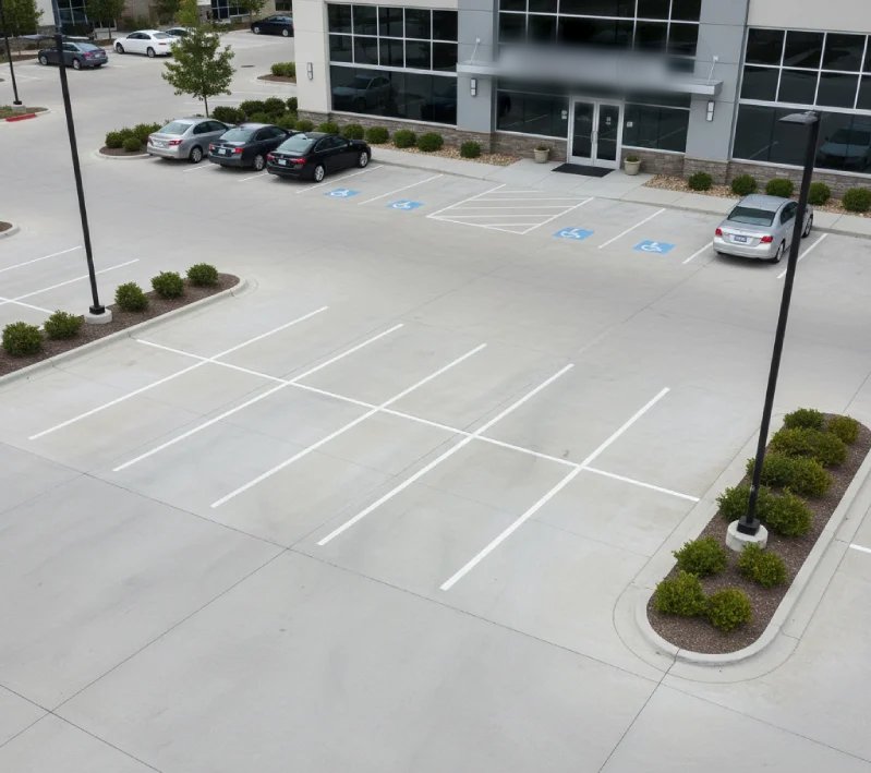 Commercial concrete parking lot with striped stalls and ADA spaces